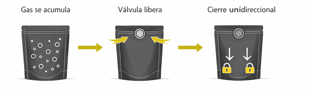 "Funcionamiento de válvula desgasificadora unidireccional en envases flexibles"